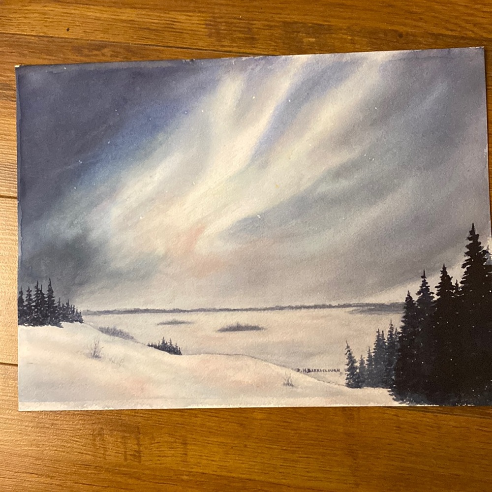 Unframed Original Art Watercolour Painting Aurora Borealis w Trees Ice & Snow